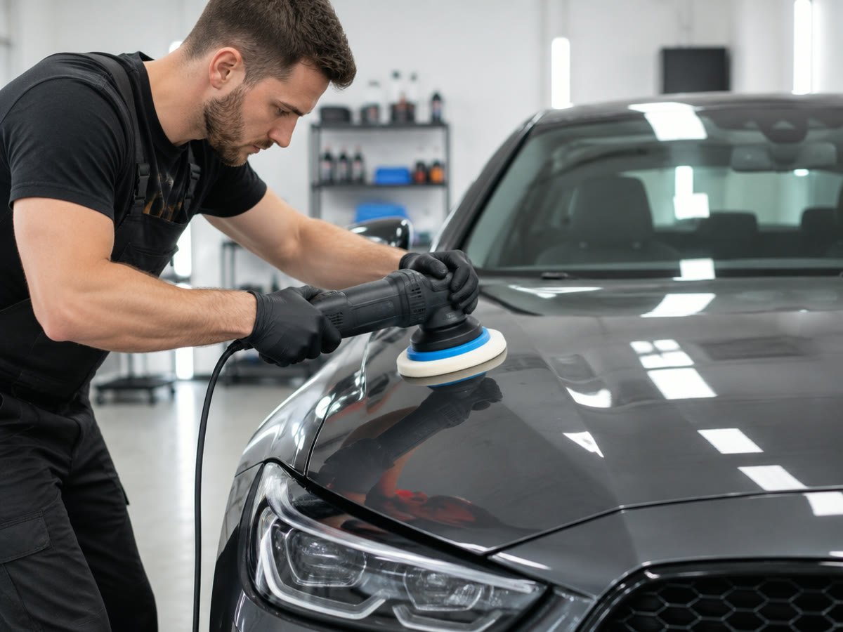 An auto detailer polishing a car