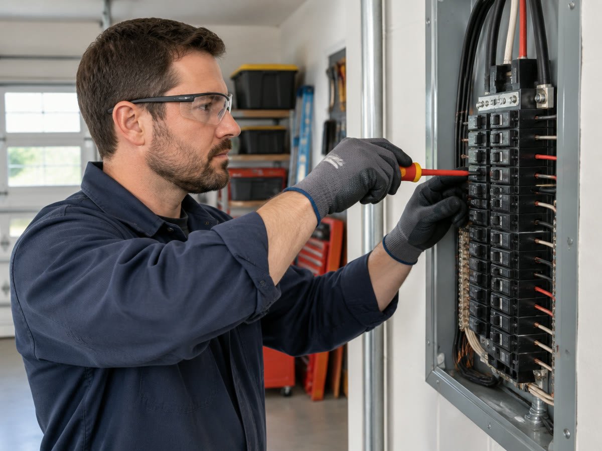 An electrician working on a home electrical panel