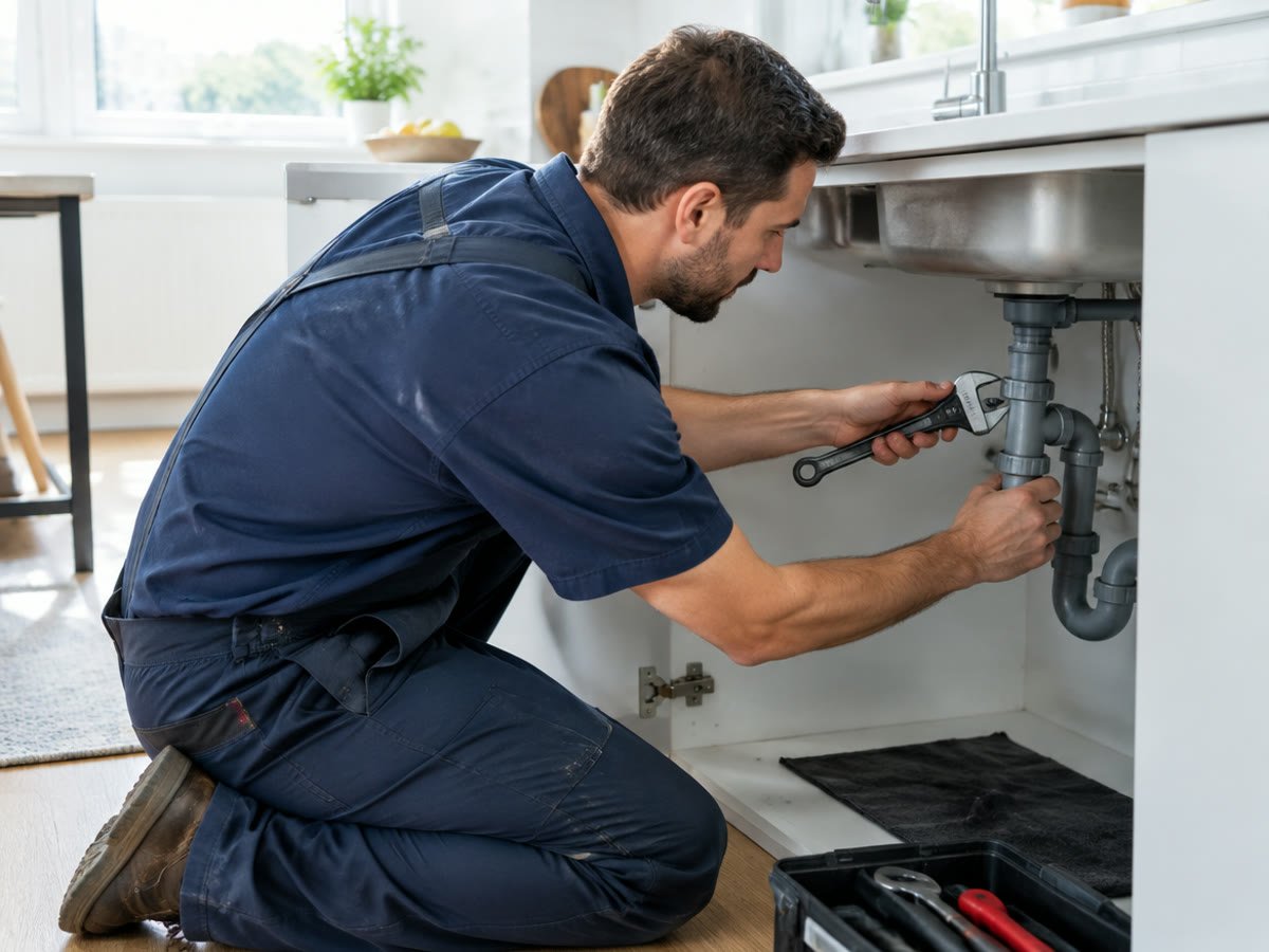 A plumber repairing pipes under a kitchen sink