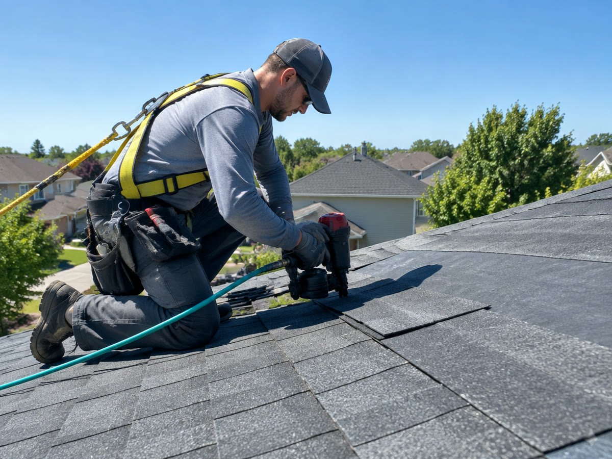 A roofer installing new shingles on a house