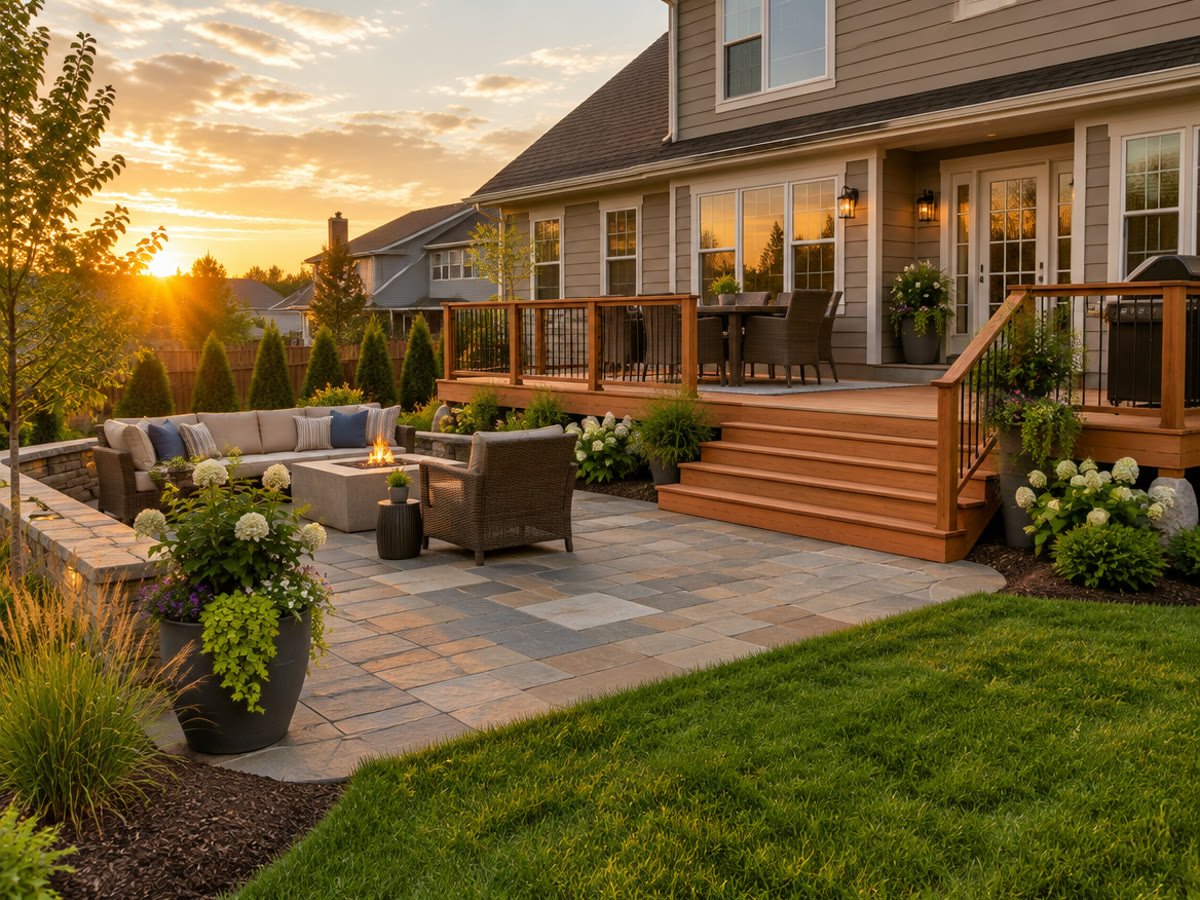 A newly built backyard deck and patio at sunset