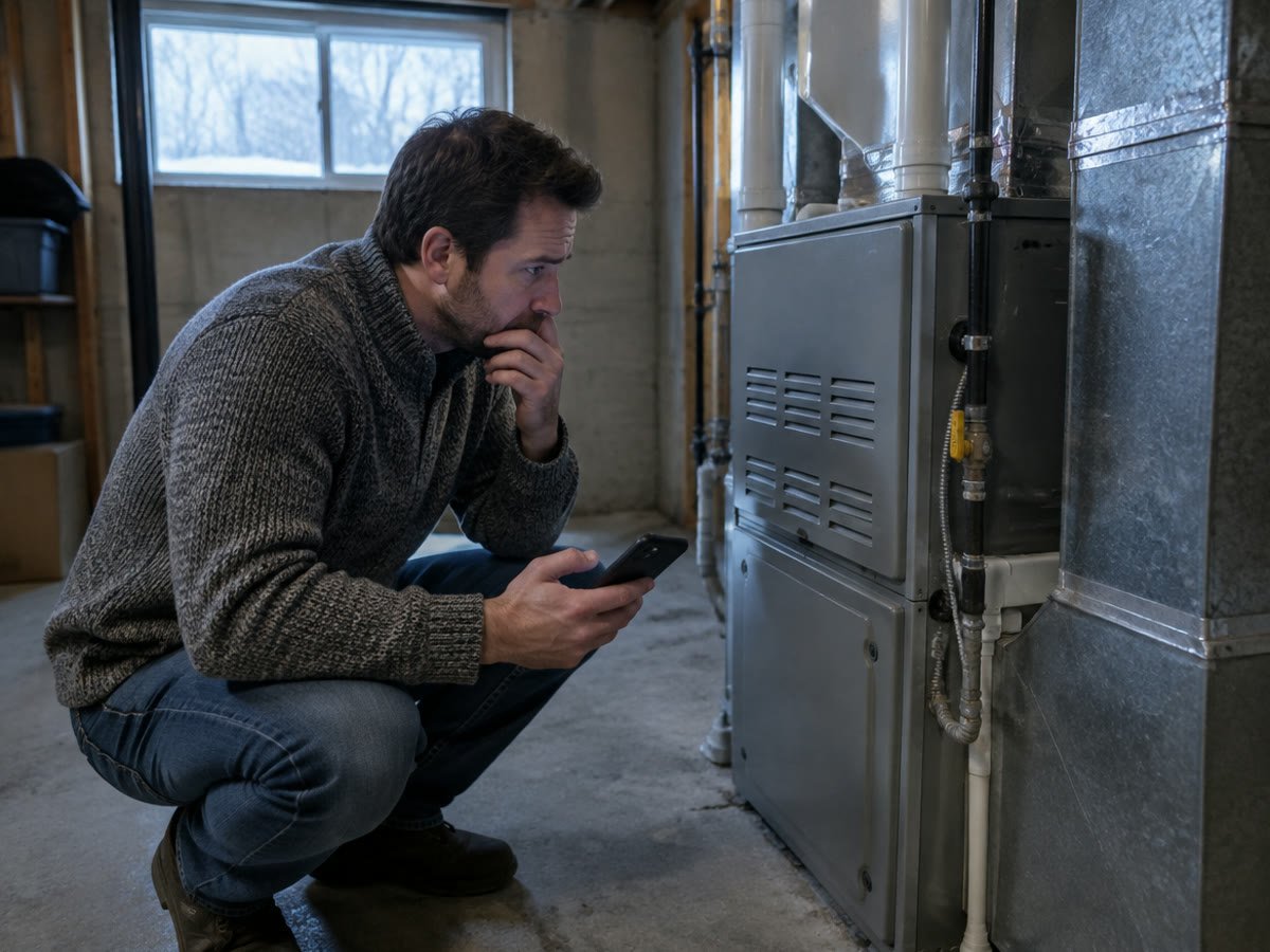 A homeowner beside a furnace that has stopped working, holding a phone